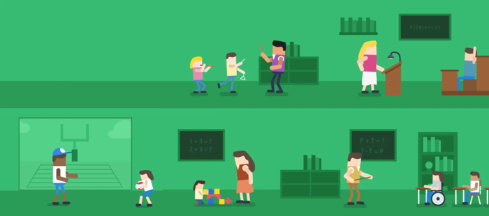 Illustration of characters representing Education workers and students learning in a school enivronment with a Coyle background.