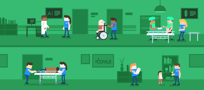 Illustration of characters representing Healthcare workers in hospitals and care homes with a Coyle branded background.